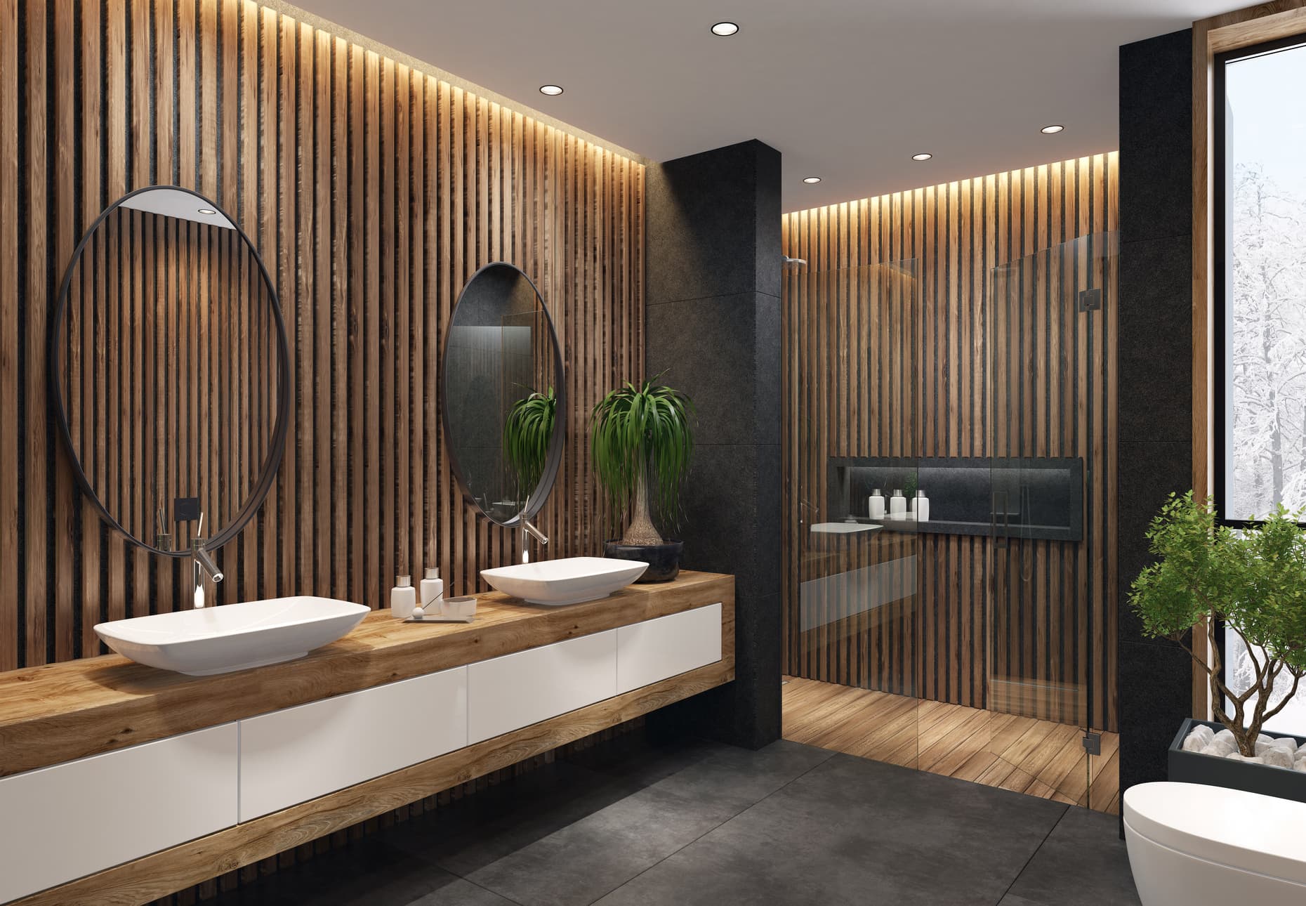 Modern bath with wood-slat detailing, pricing reflects finish quality